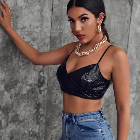 SHEIN exposed zipper back crop sequin cami top NEW - Picture 1 of 7